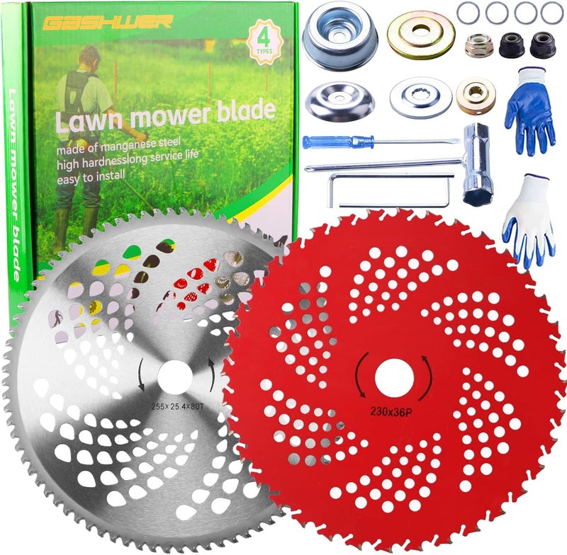 Azushwer 10" x 80T Carbide Tip Brush Cutter Trimmer Blades & 9" x 36 Teeth Carbide Tipped Blades with Universal Adapter Kit Compatible with Brush Cutter, Trimmer, Weed Eater, Husqvarna, Stihl, Ego - Image 1
